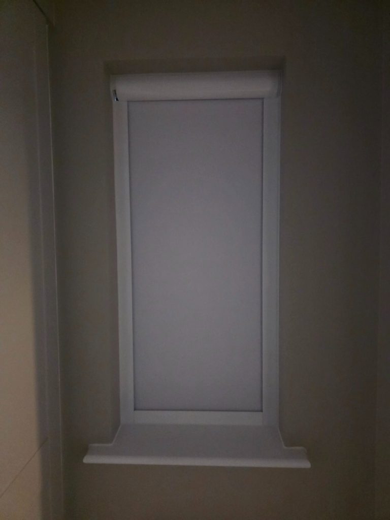 Repaired blackout blind Repaired motorised blackout blind restored to working order and fitted neatly back into the window recess