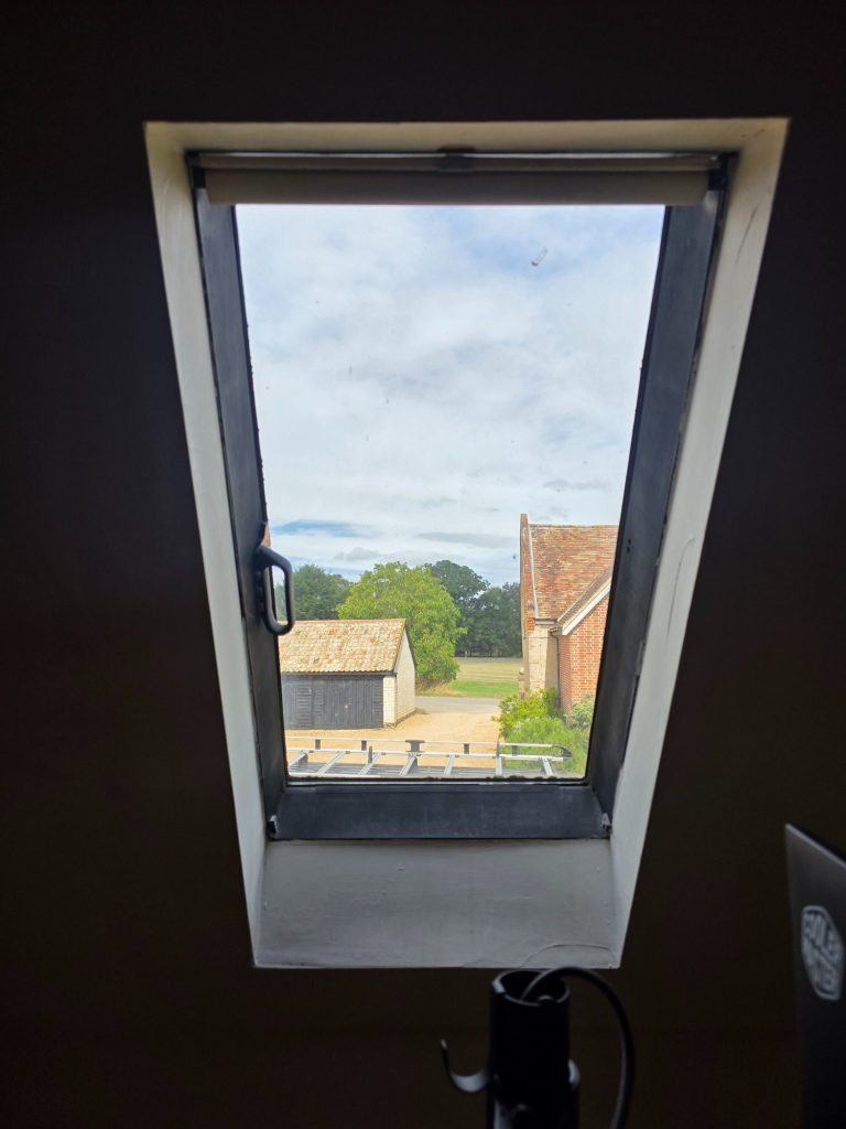 Custom blackout blinds for angled roof windows Custom blackout blinds fitted to awkward angled roof windows with cassette and side channels for a neat finish and effective light control.