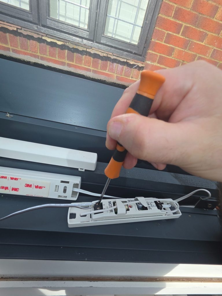 Motorised Roof Lantern Blind Receiver Upgrade | TrueShade Interiors Original external receiver units and wiring from a motorised roof lantern blind, made redundant by replacement motors with built-in receiver