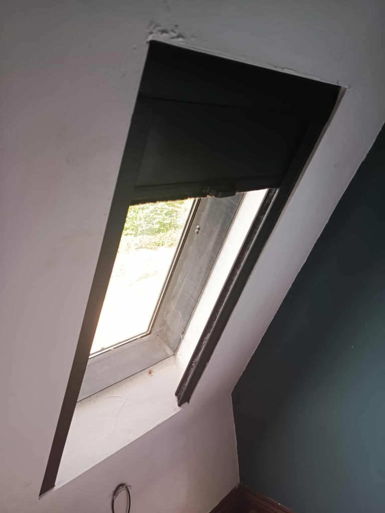 Cassette blackout blind for roof window Cassette blackout blind with side channels fitted to an angled roof window for a neat finish and effective blackout performance