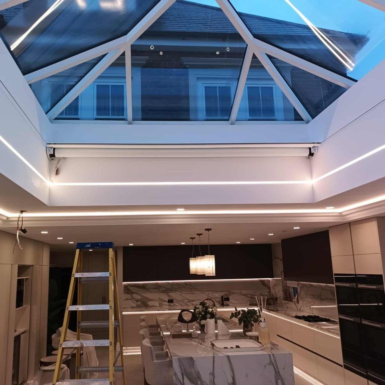Made to measure smart home tensioned skylight roller blind Made to measure somfy dry contact motorised Tess system for AV smart home
