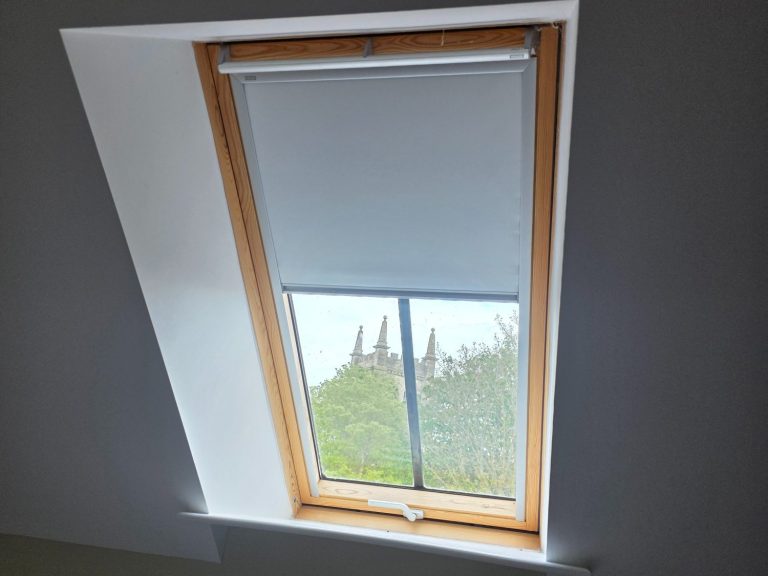Velux roof window blind Made to measure blackout blind fitted to a Velux roof window for improved light control and privacy