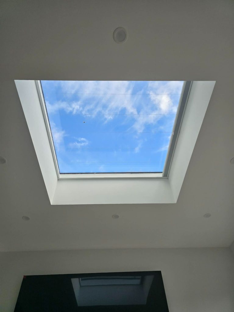 Rooflight blind recess finish Finished skylight recess after installation of a made to measure blind system designed to reduce glare, heat and light seepage